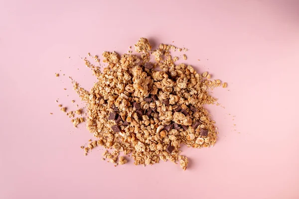 Granola Nuts Chocolate Beige Background Flat Lay — Stock Photo, Image