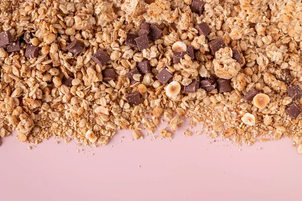 Muesli Chocolate Nuts Scattered Beige Background — Stock Photo, Image