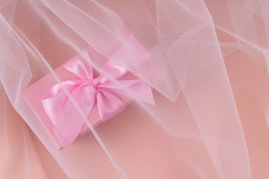 Pembe kurdeleyle bağlanmış, naylon kumaşla kaplı bir hediye kutusu. Seçici odak.