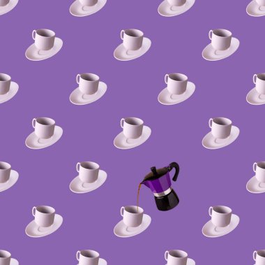 Kahve fincanları ve kahve fincanı. Peri arkaplanda, pürüzsüz desenli.