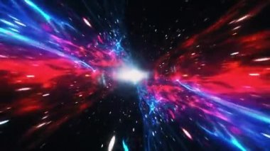 Soyut yıldızlar arası uçuş, kırmızı mavi hiper uzay sıçraması Warp4K 3D Dipsiz Döngüsüz Hiper Tünel veya Solucan deliği Bilim Dijital Arkaplanı. Tekillik, yerçekimi dalgaları ve uzay