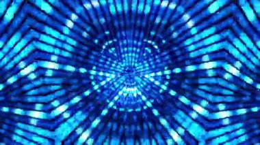 Parlak mavi neon ışıklardan oluşan sonsuz döngü dönen mavi kaleydoskop tüneli. 4K Soyut dijital tünel sektörleri. Siber renkli öncü duvar ve dönüşümlü parlak animasyon. Geometrik VJ döngüsü. 