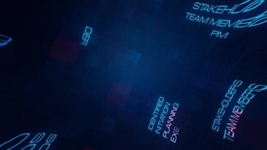 Proje Yönetimi animasyon kelime bulutu, metin tasarımı animasyonu. 4K 3D Proje Yönetimi etiketi bulutu, Kinetik tipografi metni giriş başlığı için modern gelecekçi dijital teknoloji animasyonu.