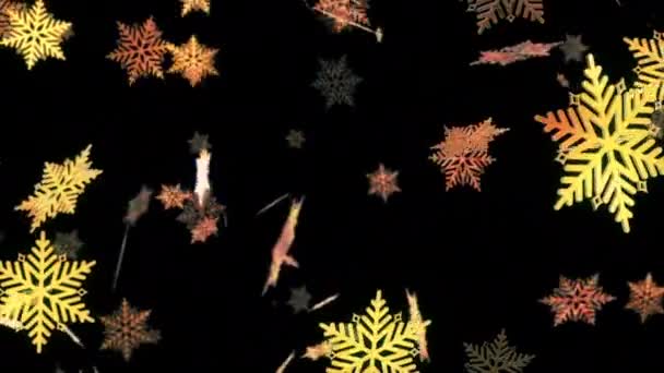 Циклічно Падає Світяться Золоті Цифрові Сніжинки Чорному Тлі Анімації Золоті — стокове відео