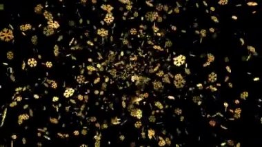 Altın kar taneleri düşüyor. Mutlu yıllar 2022. Altın video kartı metni. Kış tatili animasyonu, 4K 3D bayram festivali animasyonu. 