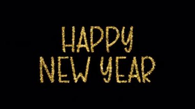 Yeni yılın kutlu olsun video kartı. Yeni yılın kutlu olsun altın parlatıcılar ve pırıltıları QuickTime Alpha Channel 4444 kullanarak siyah arkaplandaki 4K 3D yazı. Soyut kış tatili şenlik 3D yorumlama teması.