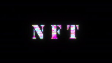 NFT renkli metin kelimesi hatalı metin efektli titreşimli ışık animasyon döngüsü. Giriş için 4K 3D kusursuz döngü hatası efekti, başlık pankartı. Renkli Retro 