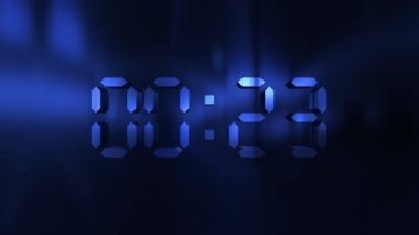 Koyu mavi arkaplan 4K 3D geri sayım numaraları, fütüristik soyut arkaplan üzerinde 30-0 saniyelik dijital neon ışığı. Gösteri açılışları, etkinlikler, film fragmanları, vj müzik için geri sayım 