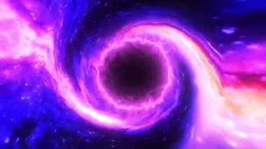 Soyut 4K 3D CGI mor parlak kara delik ve uzayda gaz bulutu. Evrende dönen gökkuşağı ışığıyla dönen gizemli kara deliğe ya da solucan deliğine doğru uzay döngüsü uçuşu.