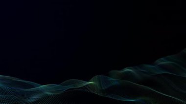 Soyut, dikişsiz, parlak yeşil fütüristik parçacık, soyut, soyut, parlak dalga parçacıkları siyah arkaplanda akıyor, dijital veri akışının hareketi. Büyük veri arkaplanı 