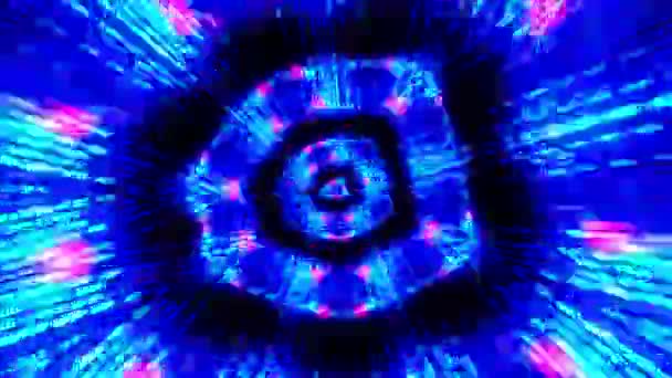 無限のループは 青色のネオンカラーライトを輝くの万華鏡催眠トンネルを回転させます 4K概要デジタルトンネル部門 サイバーカラフルな主導の壁と光の輝き回転アニメーション 幾何Vjループ — ストック動画