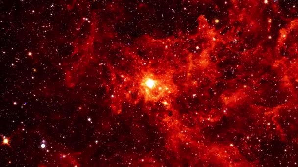 宇宙旅行は深い空間で赤いオレンジ色の星雲ミルキーウェイ雲を輝きます 3Dシームレスループ Sci Fiエネルギーガスダスト雲星雲を照らすための宇宙飛行 銀河天文探査 — ストック動画