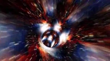 Fütürist bilimkurgu gerçeklik tüneli dikişsiz döngüsünde soyut koyu mavi turuncu hiper uzay warp uçuşu. 4K 3D renkli bilim-kurgu uzay yolculuğu kavramı. Soyut bilim ışınlanma hızı