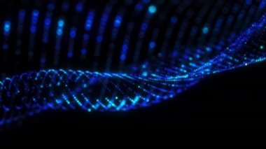 Soyut 3D görüntüleme teknolojisi mavi noktalar fütüristik parçacıklar dijital dalga arkaplan kavramı. 4K kusursuz döngü güzel hareketli dalgalanan noktalar parlayan odaksız parçacıklar. Bilim,