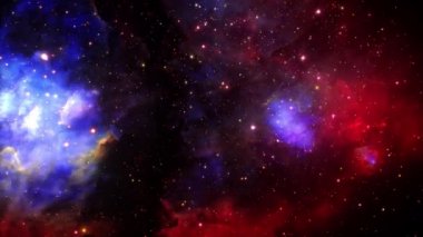 Döngü uzayı derin uzay keşfi Renkli kırmızı mavi bulut nebulasına gidiyor. Bulut Galaksisi 'ne 4K 3D döngü uzay keşfi. NASA görüntüsüyle döşenmiş.