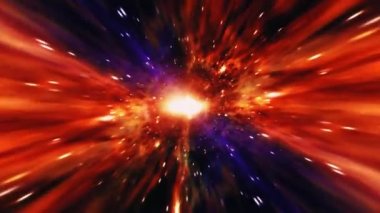 Soyut turuncu kırmızı renkli hiperuzay tüneli uzay zaman girdabında. Solucan deliğinde 4K 3D bilim-kurgu yıldızlararası uzay yolculuğu. Süpernova ışığıyla sanal uzayda soyut ışınlanma hızı sıçraması.