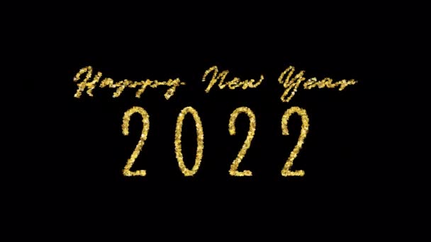 2022年あけましておめでとうございます 2022年あけましておめでとうございますゴールドシマーとグリッター雪の結晶文字テキストアルファチャンネルProres 4444を使用して黒の背景に4K 3Dアニメーション — ストック動画