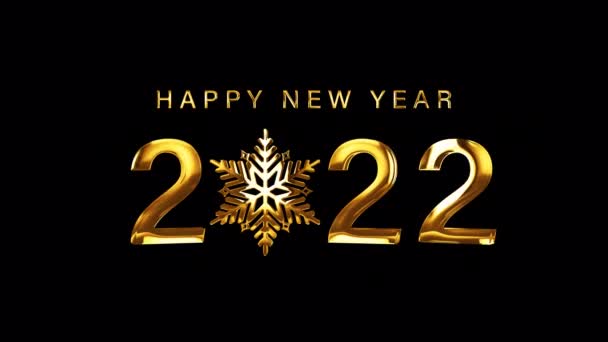 2022年あけましておめでとうございます 明るい金色の文字と雪の結晶 3Dシームレスループタイポグラフィデザイン 2022ハッピー新年お祝いのサイン金色のテキスト要素 — ストック動画