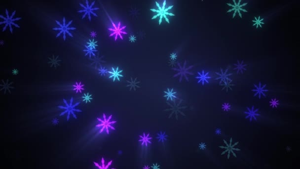 在黑暗的背景动画中 环绕着五彩缤纷的闪闪发光的数字雪花 冬天下雪 圣诞节和新年背景的雪花 雪片雪片 — 图库视频影像