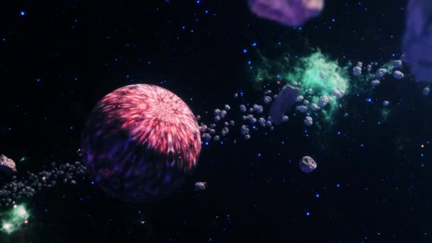 Abstrato Visão Espaço Exterior Brilho Planeta Alienígena Vermelho Girando Cena — Vídeo de Stock