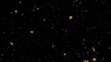 4K döngüsü siyah arka plan animasyonunda parlayan altın sarısı dijital kar tanesi. Kış karı, Noel ve yeni yıl arkaplanı için bulanık bokeh ile altın kar taneleri animasyonu. Kar Tanesi Kar Tanesi 