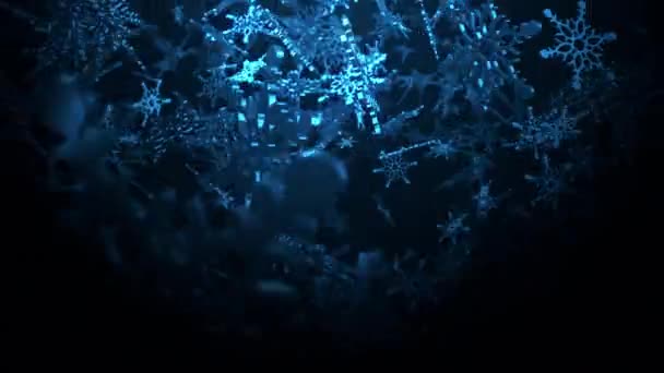 Looping Vallende Donkerblauwe Bokeh Digitale Sneeuwvlok Zwarte Achtergrond Animatie Sneeuwvlokken — Stockvideo