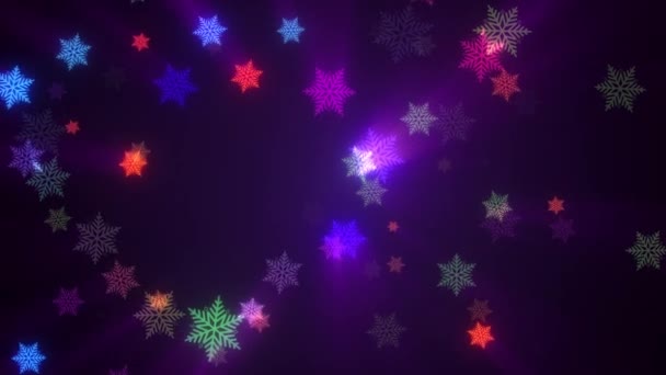 Gyönyörű Színes Neon Hópelyhek Sötét Háttérrel Absztrakt Hópelyhek Hullása Hópelyhek — Stock videók