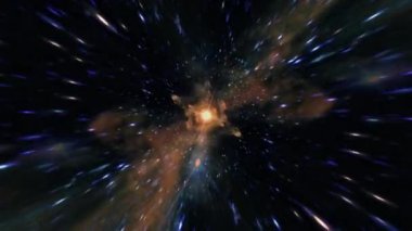 Flying star fields, many particles through hyper space warp orange green blue tunnel with center flare light. 4K 3D Abstract visualizer seamless loop of flying Particles in tunnel. 