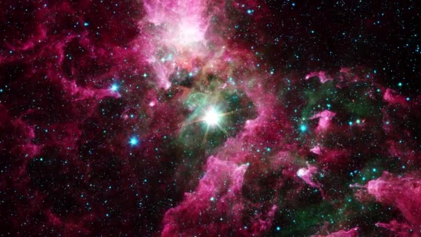 宇宙旅行は 深い空間に中心の輝きの星を持つ赤い雲星雲を通過しました 3Dシームレスループ Sci Fiエネルギーガスダスト雲星雲を照らすための宇宙飛行 銀河天文探査 — ストック動画