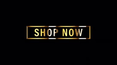 4K 3D Shop Şimdi çerçeveli altın kelime başlığıyla. QuickTime Alpha Channel ProRes 4444 ve altın ışık döngüsü kullanılarak izole edilmiş üç boyutlu bir kelime. Shop Now altın metin döngüleme element kavramı. 
