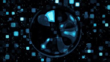 4K Soyut 3D döngü parlayan mavi neon ışık arka planlı parlak yüksek teknolojili dijital top. Parlayan neon ışık küresi. VJ DJ tekno döngüsü için sanal ortamda hipnotik disko topu.