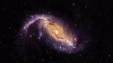 Dorado takımyıldızındaki yıldız kreşi NGC 1672 'ye uzay yolculuğu. Bu görüntünün elementleri NASA tarafından desteklenmektedir. 4K 3D Yıldızlararası uzay yolculuğu. 