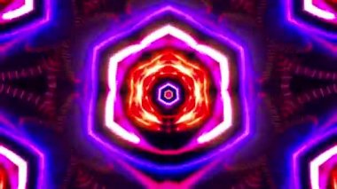 Soyut renkli neon parlayan kırmızı pembe mavi hipnotik ışınlar ve çizgiler yıldız şeklini oluşturur ve patlar. 4K 3D kusursuz döngü Soyut yaratıcı kaleydoskop Parlak patlamalı neon ışıklı VJ döngü arka grup