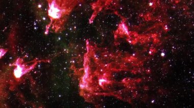 Soyut döngü uzay uçuşu, uzayda parlayan yıldızlı gizemli kırmızı nebula bulutuna uçar. Parlayan nebula galaksisinin uzay keşfi. 4K 3D illüstrasyon kusursuz döngü bilim-kurgu uzay yolculuğu uzaylı nebulasına uçar. 