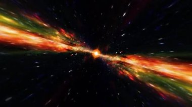 Soyut renkli parlak turuncu yeşil hiperuzay tüneli uzay-zaman girdabı arka planında. 4K 3D, yıldızlararası bilim kurgu hiper uzaydaki solucan deliğinden geçiyor. Siber uzayda hız sıçraması.