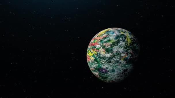 Rendering Abstract Grunge Kleurrijke Alien Planet Flyby Dark Galaxy Met — Stockvideo