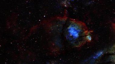 Balığın baş nebulası IC1795 derin uzayda keşif yapıyor. Kuzey takımyıldızı Cassiopeia 'da 4K Flight into The Fish yıldız oluşum bölgesinde baş bulutsu. NASA görüntüsüyle döşenmiş elementler. 3 Boyutlu Canlandırma.