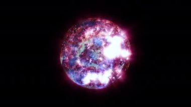 Soyut, dikişsiz, çok renkli enerji küresi siyah zemin üzerinde bilimsel atımlı atom. 4K 3D dijital animasyon mavi enerji bilim kurgu fantezi atomu.