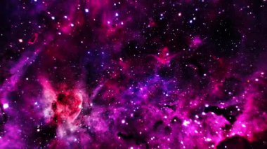 Uzay yolculuğu, uzayın derinliklerinde Pembe Mor Kırmızı Samanyolu Bulutu. 4K 3D pürüzsüz bilim-kurgu uzay uçuşu parlayan enerji gazı bulutu nebulası. Galaksi astronomi araştırması. 