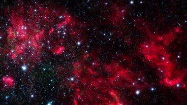 Soyut döngü uzay uçuşu uzaydaki gizemli kırmızı bulutsu parlayan yıldızlara doğru uçar. Parlayan nebula galaksisinin uzay keşfi. 4K 3D illüstrasyon kusursuz döngü bilim-kurgu uzay yolculuğu uzaylı nebulasına uçar. 