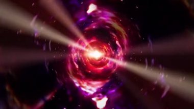 Gökada uzay büküm girdabının ortasındaki parlak ışık ile soyut bir hiperuzay tüneli. Solucan deliğinde 4K 3D bilim-kurgu yıldızlararası uzay yolculuğu. Süpernova ışığıyla sanal uzayda soyut ışınlanma hızı sıçraması.