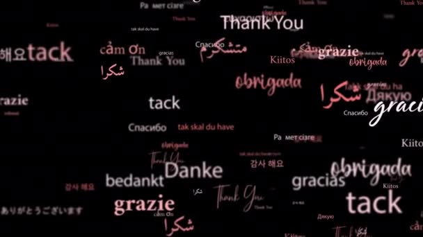 アニメーションのループさまざまな種類の言語関連の赤いピンクの単語の流れに感謝します はじめに 黒の背景にタイトルバナーの要素 — ストック動画