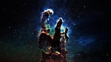 Uzay yolculuğu Kartal Nebulası 'na. Uzay uçuşundan yıldız alanı Galaksi ve Nebula derin uzay keşfine. Kartal Bulutsusu Messier 16 'ya 4K 3D kusursuz döngü uçuşu. NASA görüntüsü tarafından desteklenen elementler.