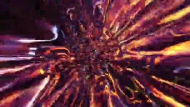 Soyut fantezi, altın sarısı, mor enerji tüneli ışıklarla ve parçacıklarla parıldıyor. VJ disko müziği için soyut arkaplan. 4K 3D kusursuz döngü saykolik kaleydoskop