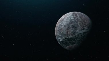 Uzaylı kaya gezegeni ile soyut uzay keşfi. Evrendeki yıldızlı bir gökyüzünde uzayda katı bir yüzeye sahip. 4K 3D görüntüleme galaksi uçuşları yabancı kum gezegeninin yanından geçiyor, bilim kurgu arka plan kavramı.