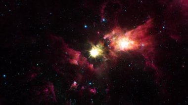 Karina Bulutsusu 'nun yıldız alanına kusursuz döngü uzay uçuşu. Ortasında parlayan ve dönen bir yıldız var. Yıldız alanı, Galaksi ve Nebula ile 4K 3D Uzay Yolculuğu. NASA resimleriyle döşenmiş elementler.