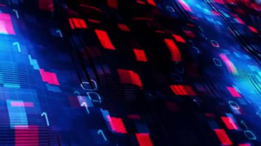 3D perspektif bilimkurgu fütüristik teknoloji ile mavi kırmızı dijital akış duvar dokusu animasyonu. 4K kusursuz döngü yüksek teknolojili elektronik duvar dijital devre bilim teknolojisi kavramı 