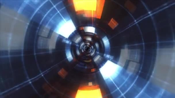 Abstrakt Loop Flygning Mörkorange Blå Digital Futuristisk Tunnel Glödande Strålar — Stockvideo