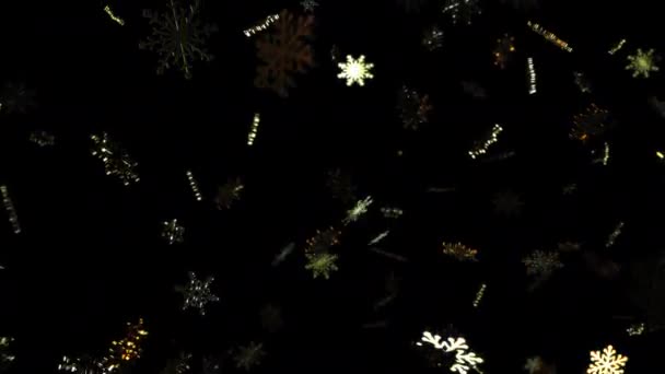 Петли Падения Светящиеся Золотые Цифровые Снежинки Черном Фоне Анимации Золотые — стоковое видео