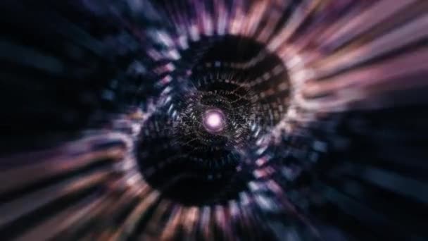 要旨光フレア光フリッカを中心とした発光紫線メッシュ渦トンネル 3Dレンダリング未来的なメッシュトンネルVjシームレスループ Sfマトリックス輝く回転を飛ぶ — ストック動画